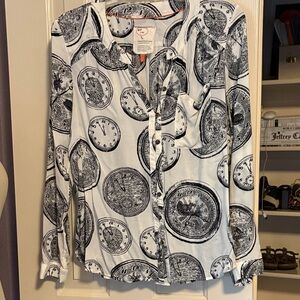Anthropologie White Blouse with Black Clock Illustration Print